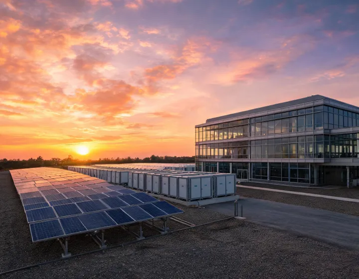 Commercial renewable energy project at sunset