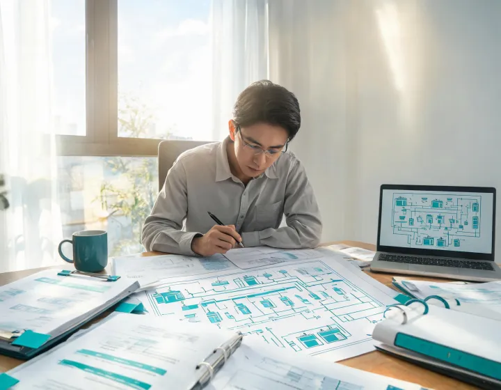 Energy engineer reviewing battery system documentation